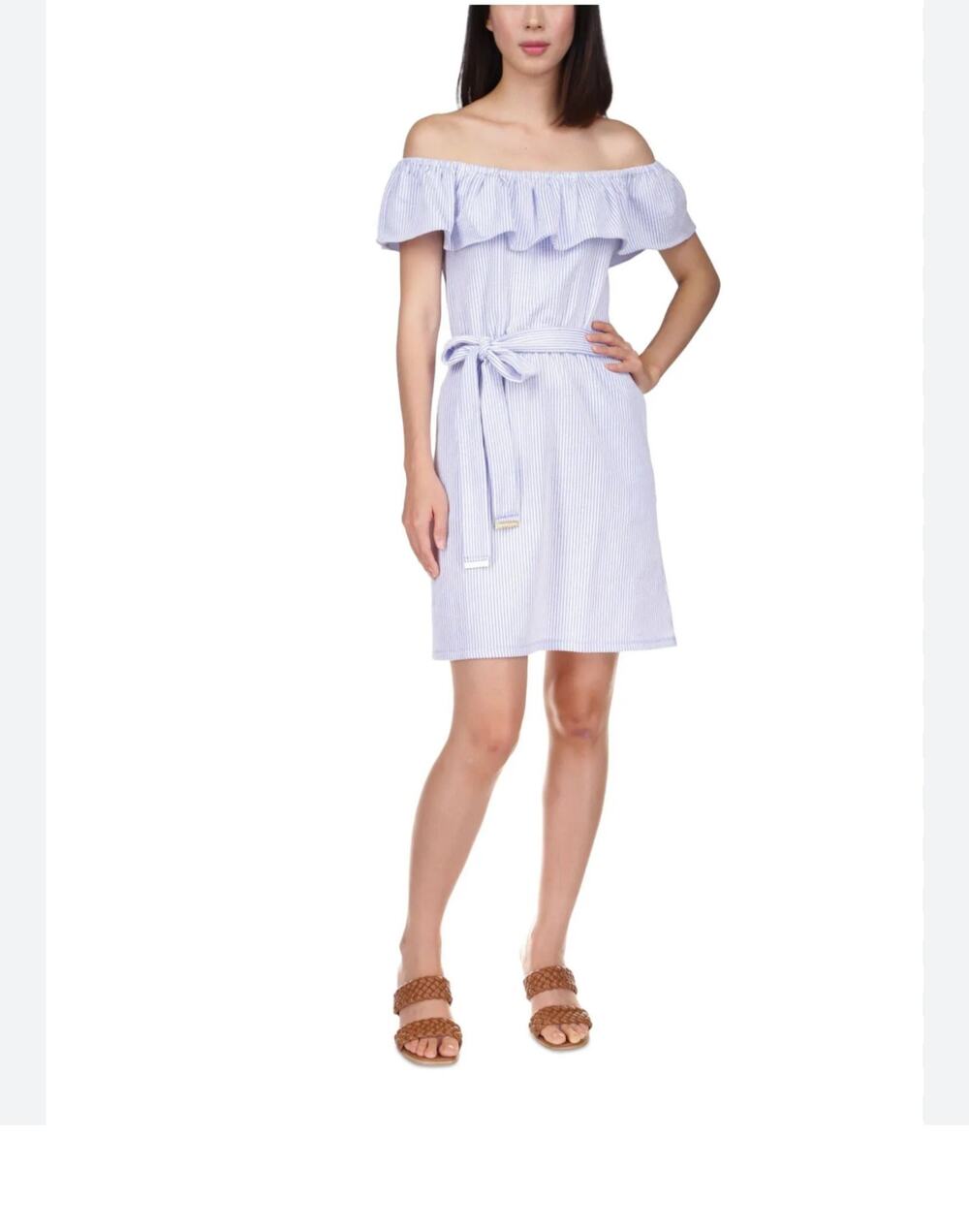 Michael Kors Women's Blue/White Striped Off Shoulder Ruffled Dress S NWT